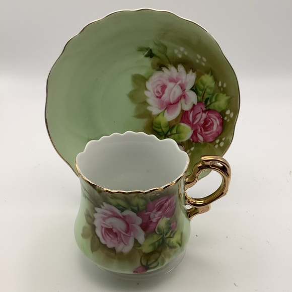 Vintage Lefton China Japan Hand Painted Flowers Green Cup and Saucer - Picture 1 of 14